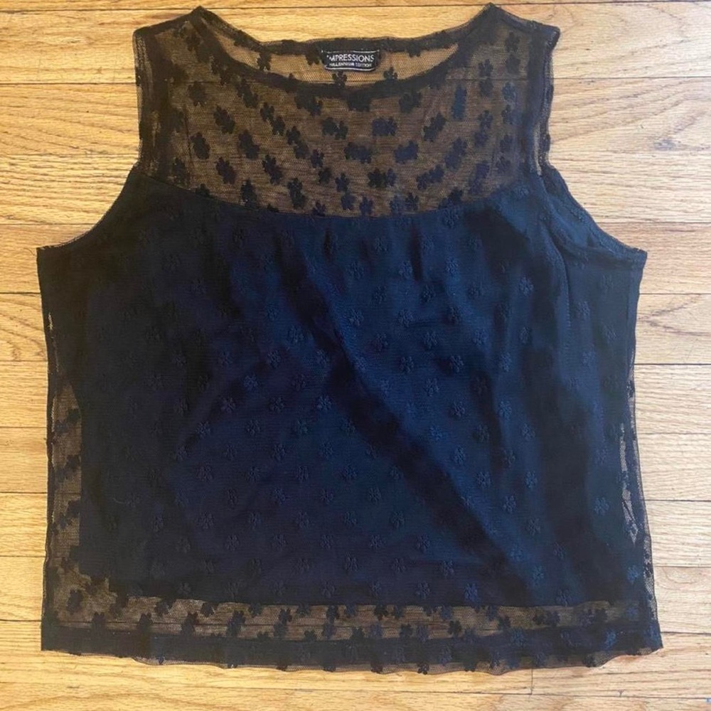 impressions millenium 90s/y2k black layered mesh tank w/ floral embroidery